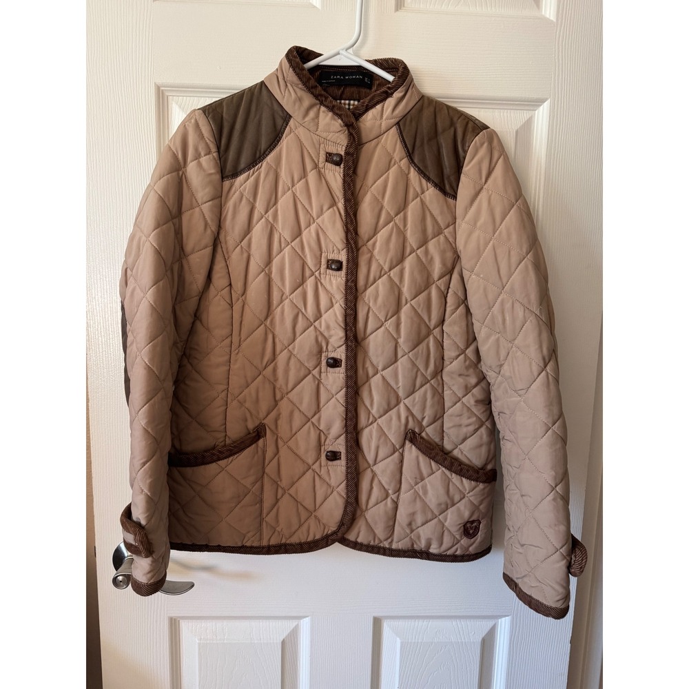 Zara Woman Quilted Jacket Women Large Tan Corduroy Leather Trim Barn Coat